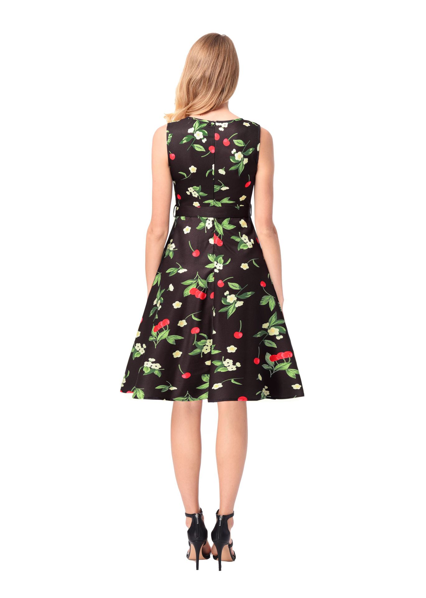 SZ60141 Vintage Sleeveless Cherry Print Casual Dress